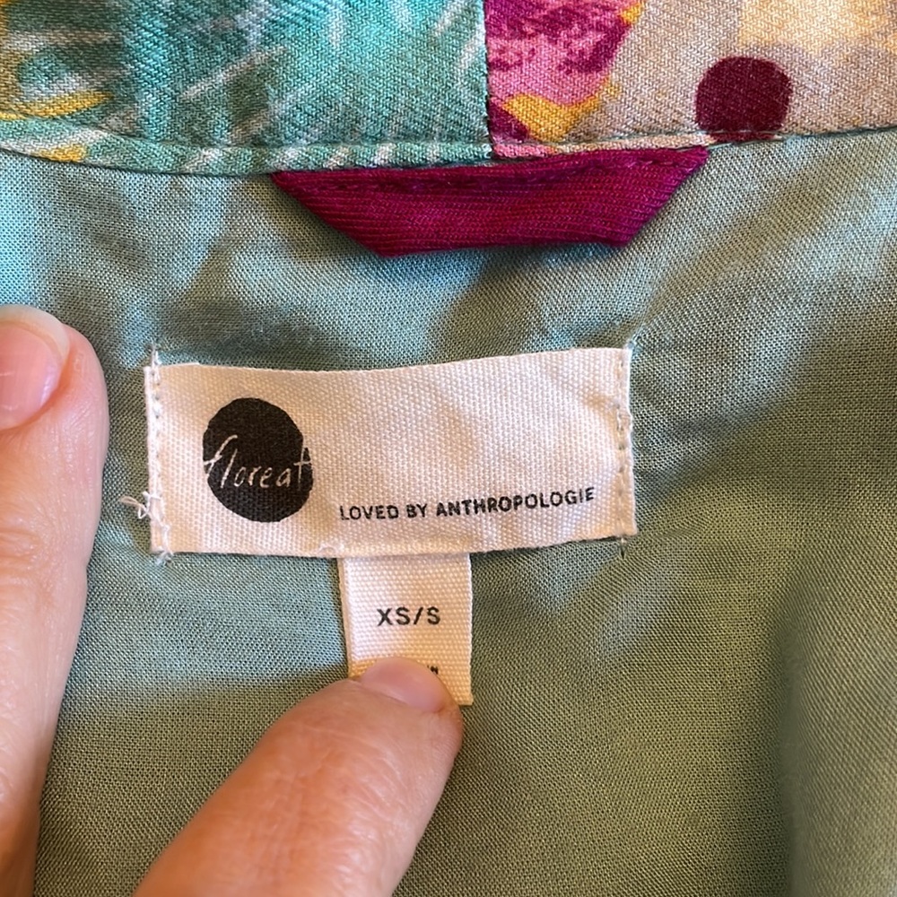 Anthropologie Floreat  green/magenta/taupe/yellow/white print kimono   XS/S - Picture 6 of 9